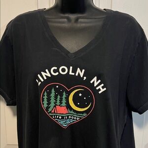 LIFE IS GOOD 🏕️ LINCOLN NEW HAMPSHIRE BLACK 100% COTTON  CAMPING TSHIRT Women XL
